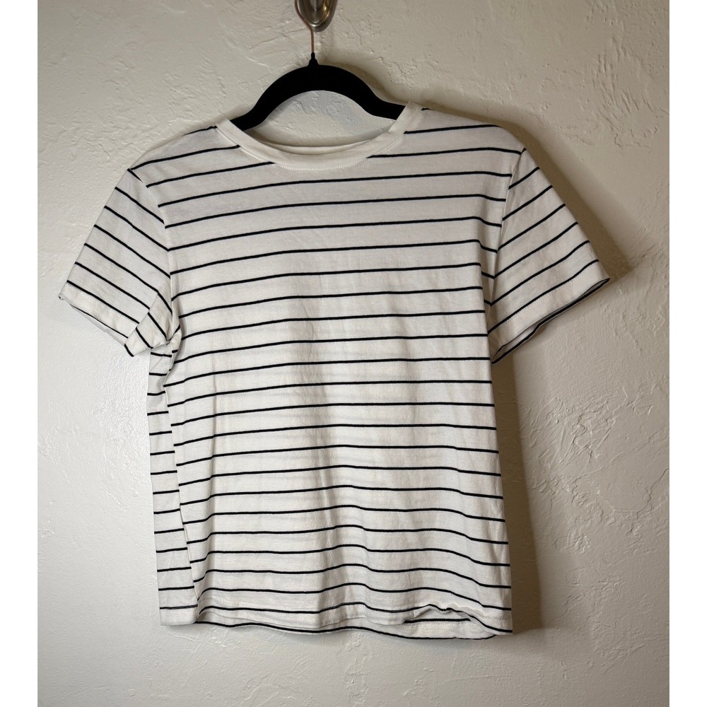 MNG Mango Women White Black Striped Short Sleeve Crew Neck T-Shirt Size Small